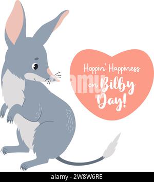 Cartolina bilby day. Simpatico animale australiano bilby con cuore e saluto natalizio. Illustrazione vettoriale in stile cartone animato piatto Illustrazione Vettoriale