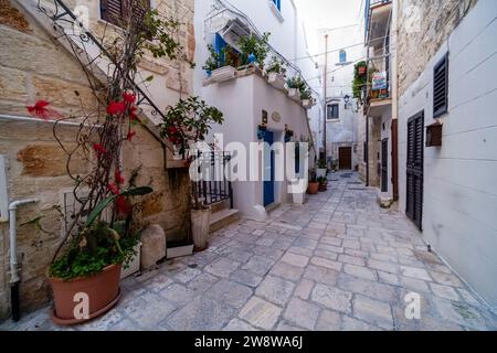 Scena di strada con un piccolo cortile tra case, balconi, scalinata e piante verdi in vaso. Foto Stock