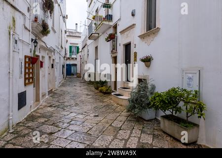 Scena di strada con un piccolo cortile tra case, balconi, scalinata e piante verdi in vaso. Foto Stock