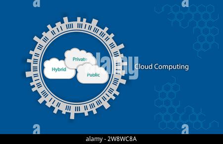 Concetto di cloud computing con testo e icone su sfondo blu illustrazione vettoriale Illustrazione Vettoriale