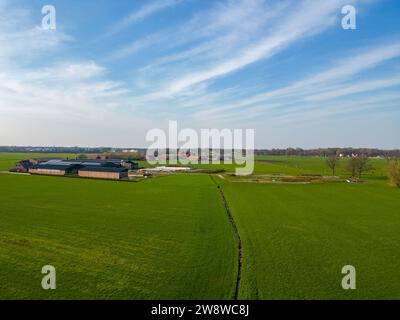 Questa immagine presenta una prospettiva aerea mozzafiato di vaste terre coltivate sotto un cielo blu vibrante con nuvole volose. Le forme geometriche contrastanti degli edifici agricoli rispetto ai campi verdi uniformi creano un motivo visivamente suggestivo. Un percorso stretto e serpeggiante o un corso d'acqua taglia i campi, aggiungendo un elemento dinamico alla composizione. La scena è piena di luce solare, che mette in risalto la vivacità dei campi verdi, segnalando un prospero ambiente agricolo. Ampia vista aerea degli edifici agricoli in mezzo a lussureggianti terreni agricoli. Foto di alta qualità Foto Stock