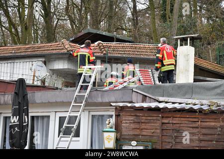 In einem versteckt liegenden Haus im Ehrantal im Deutsch-Französischen-Garten in Saarbrücken haben Feuerwehr und Polizei am Mittwoch 20.12.2023 einen kuriosen Einsatz. Weil ein Mann auf Klingeln nicht reagiert, werden die Einsatzkräfte informiert. Die können aber nicht ins Haus, weil acht Hunde laut bellend ihr Herrchen bewachen. Die Polizei bittet die Feuerwehr und den Rettungsdienst dazu, Die Polizei-Diensthundestaffel und die Tierrettung der Berufsfeuerwehr kommen zum Einsatzort, wo man über das Dach an die Wohnung des Mannes herankommt. Erst im Verlaufe des Einsatzes reagiert dieser und ko Foto Stock