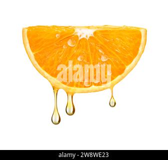 gocce di succo che cadono da arancione mezzo isolato su sfondo bianco Foto Stock