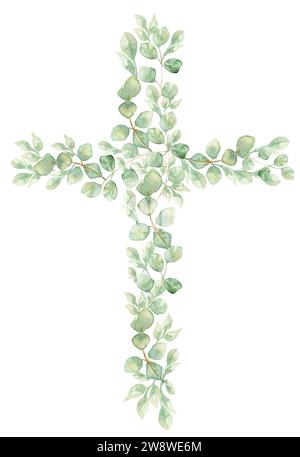 Acquerello vegetazione dipinta a mano Croce Clipart, illustrazione floreale religiosa pasquale, decorazione a clip a croce del Battesimo eucalipto, Clipart dello Spirito Santo, dorato Foto Stock