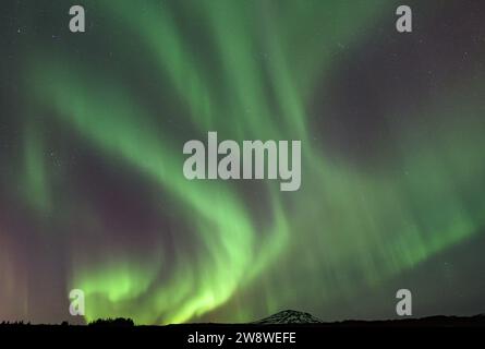 Aurora boreale durante un'esposizione molto attiva al Parco Nazionale di Thingvellir, Islanda Foto Stock