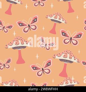 Stampe in stile cartoni animati con fiori e funghi, occhiali ed elementi retrò. Sfondi divertenti e spiritosi.motivi bohémien senza cuciture degli anni '70 Illustrazione Vettoriale