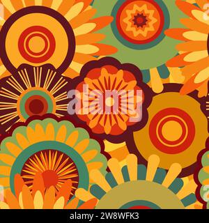 Stampe in stile cartoni animati con fiori e funghi, occhiali ed elementi retrò. Sfondi divertenti e spiritosi.motivi bohémien senza cuciture degli anni '70 Illustrazione Vettoriale