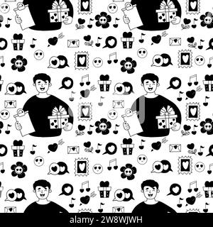 Motivo san valentino senza cuciture. Uomo romantico con dono, amore simbolo, segni, cuori, fiori e note su sfondo bianco. Illustrazione vettoriale in mano Illustrazione Vettoriale