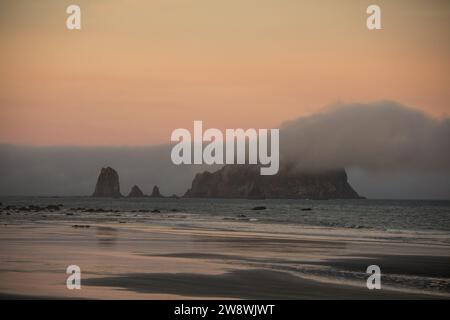 Nuvole e nebbia basse che soffiano sulla pila del mare nell'Olympic National Park Foto Stock