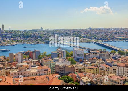 Vista aerea della Torre Galata sullo skyline di Istanbul con il ponte Ataturk e le moschee. La Torre Galata è un simbolo che offre panorami mozzafiato Foto Stock