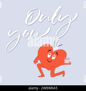 Biglietto d'auguri di San Valentino disegnato a mano. Cuore di mascotte che fa una proposta. Solo lei cita. Illustrazione Vettoriale