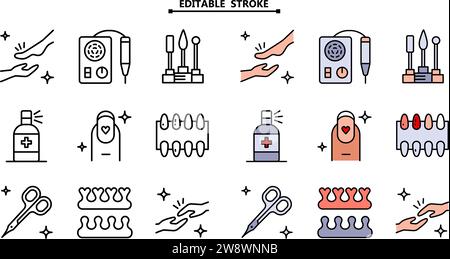 Set di icone per il contorno del colore del servizio chiodi. Tratto modificabile. Raccolta dei segni di pedicure in gel per manicure. Illustrazione vettoriale di moda femminile. Icone piatte della barra dei chiodi. Illustrazione Vettoriale
