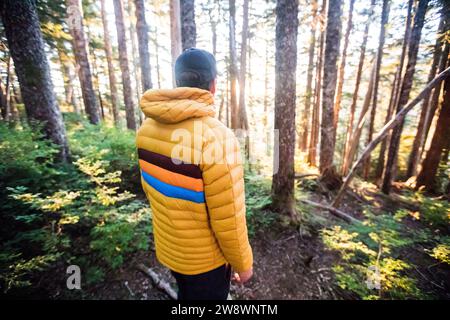 Vista dell'uomo che fa trekking sul sentiero verso il sole Foto Stock