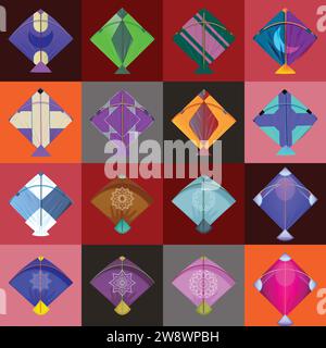 Kaleidoscope Kites: Una colorata matrice di arte geometrica per Makar Sankranti, prova la gioia di volare con la nostra collezione di vibranti vettori di aquiloni! Illustrazione Vettoriale