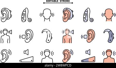 Set di icone a colori per apparecchi acustici. Tratto modificabile. Volume booster per orecchie, per sordi vecchi e giovani. Per un udito migliore, semplice raccolta di icone. Illustrazione Vettoriale