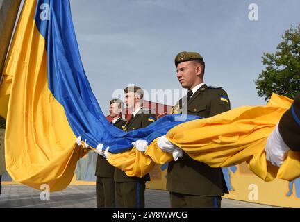 Leopoli, Ucraina - 23 agosto 2022: I membri ucraini della guardia d'onore partecipano a una cerimonia per celebrare il giorno della bandiera nazionale dell'Ucraina. Foto Stock