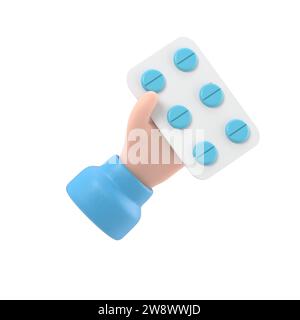 rendering 3d. Icona confezione di pillole. Mano di cartone animato medico o farmacista con pelle nera contenente farmaci. Illustrazione per il settore medicale. Clip farmaceutica a Foto Stock