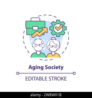 Linea sottile, semplice e colorata, concetto di icona della società invecchiata Illustrazione Vettoriale
