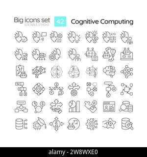 Set di icone nere a linea grande modificabili 2D per il computing cognitivo Illustrazione Vettoriale