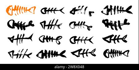 Set di scheletri di ossa di pesce, dipinti a mano con pennello d'inchiostro, isolati su sfondo bianco. Illustrazione del vettore grunge Illustrazione Vettoriale