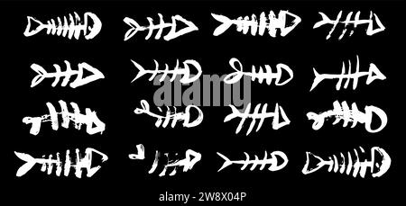 Set di scheletri di ossa di pesce, dipinto a mano con pennello d'inchiostro, su sfondo nero. Illustrazione del vettore grunge Illustrazione Vettoriale