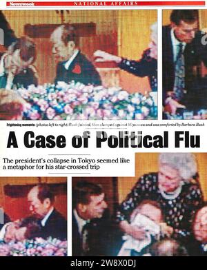 Newsweek/National Affairs, l'8 gennaio 1992, l'allora presidente degli Stati Uniti George HW Bush era in visita in Giappone. Un caso di influenza politica. Foto Stock