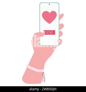 Smartphone con mano femminile e cuore rosa. Messaggio d'amore sullo schermo del telefono. Illustrazione a cartone animato piatto Vector disegnata a mano isolata su ba bianca Illustrazione Vettoriale