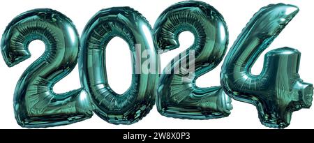 Palloncino verde blu lucido, color ottanio, numeri dell'anno 2024 isolati su sfondo trasparente. Illustrazione Vettoriale