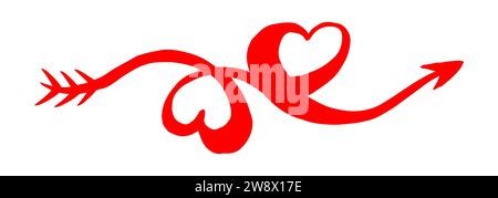 Due cuori intrecciati per San Valentino, collegati da una freccia, dipinti a mano con pennello e inchiostro, isolati su sfondo bianco. Rapporto di illustrazione del vettore Illustrazione Vettoriale