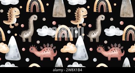 Dinosauri carini, mongolfiere, nuvole, arcobaleno. motivo acquerello senza cuciture, stile boho. Disegnato a mano. Tessuto, tessuto, carta da parati, design beige. Foto Stock