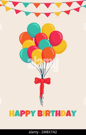 Biglietto d'auguri per palloncini buon compleanno. Poster della scheda vettoriale per le festività Illustrazione Vettoriale
