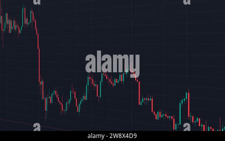 Grafico finanziario con grafico a candeliere a linea di tendenza in calo in borsa su una schermata blu Foto Stock
