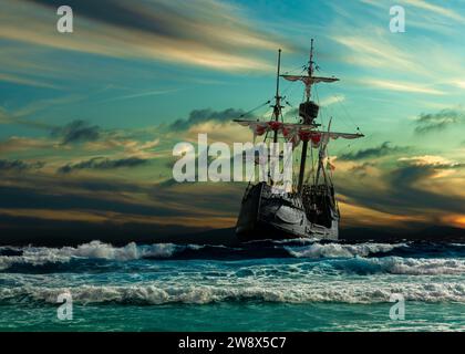 Grande vista di una vecchia nave a vela dai tempi dei pirati in alto mare con grandi onde Foto Stock