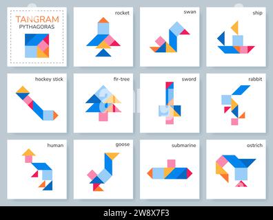 Puzzle Tangram Pythagoras. Insieme vettoriale con vari oggetti. Illustrazione Vettoriale