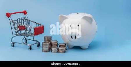 Risparmio di denaro e shopping o finanza, banche e concetti di investimento. Salvadanaio, mucchio di monete e carrello su sfondo blu. Foto Stock