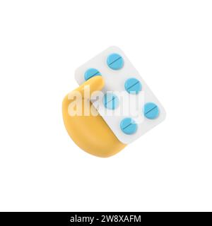 rendering 3d. Icona confezione di pillole. Mano di cartone animato medico o farmacista con pelle nera contenente farmaci. Illustrazione per il settore medicale. Clip farmaceutica a Foto Stock