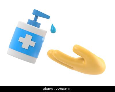 Gel antibatterico per la disinfezione delle mani. Flacone di antisettico. Concetto di disinfettante. illustrazione 3d disegno piatto. Coronavirus preventivo Covid-19. Per Foto Stock