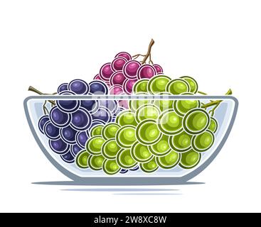Logo vettoriale per Grape, poster decorativo orizzontale con contorno di diverse composizioni di grappoli di uva maturi, disegno di cartoni animati stampa fruttata Illustrazione Vettoriale