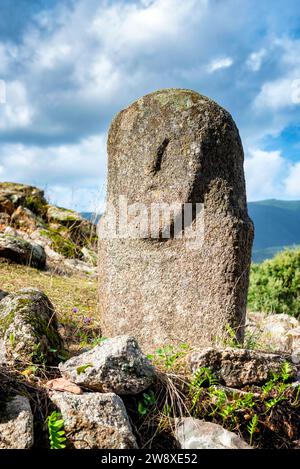 Primo piano di un menhir con un volto umano scolpito nel sito megalitico di Filitosai, Corsica meridionale, Francia Foto Stock