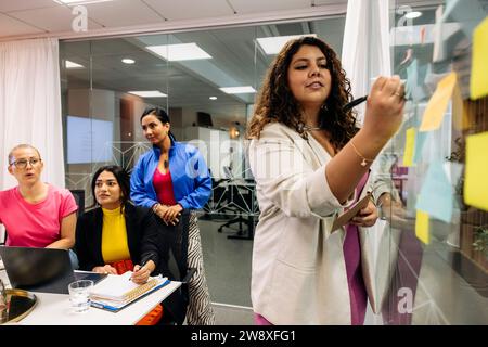 Imprenditrice donna che spiega i colleghi mentre scrive su una parete di vetro in ufficio Foto Stock