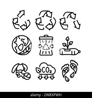 Set di icone riciclabili con linea nera. Eco-compatibile. Elementi isolati vettoriali. Illustrazione Vettoriale