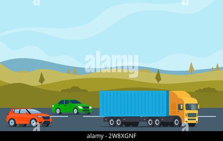 Auto e camion che viaggiano su un'autostrada. Concetto di traffico. Paesaggio con un'autostrada, montagne, nuvole nel cielo blu. Illustrazione vettoriale Illustrazione Vettoriale
