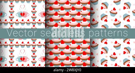 Raccolta di pattern vettoriali senza giunture. Cupcake con un cuore. Illustrazione Vettoriale