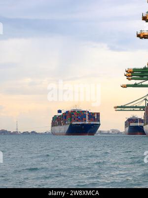 La nave da carico container arriva al porto marittimo profondo commerciale. Foto Stock