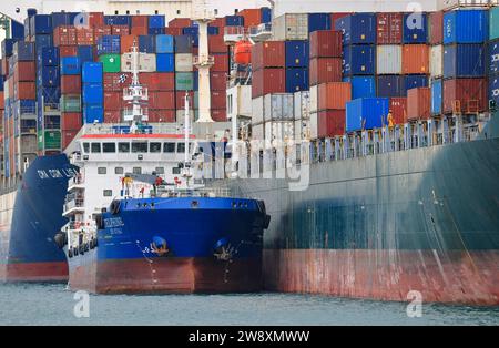 Una piccola nave da trasporto ormeggia accanto a una grande nave container. Foto Stock