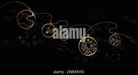 Illustrazione delle palline di Natale con scintille su sfondo NERO Illustrazione Vettoriale