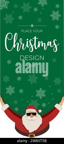 Colorato e luminoso biglietto d'auguri di Natale. Babbo Natale alla moda con occhiali e un'enorme borsa che regala regali. Buon Natale e felice anno nuovo. Illustrazione Vettoriale