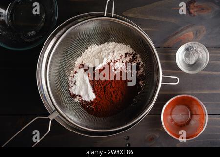 Setacciare gli ingredienti secchi per la torta al cioccolato in un recipiente di miscelazione: Farina, cacao in polvere, lievito in polvere e altri ingredienti setacciati con un filtro a rete Foto Stock