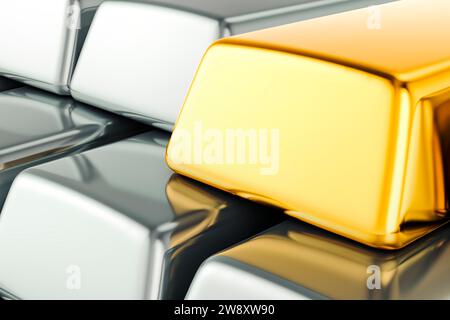 Barra d'oro e lingotti d'argento o platino, rendering 3D. Foto Stock