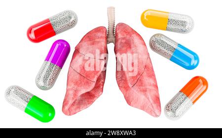 Polmoni con capsule medicinali intorno. Farmaci per polmoni, rendering 3D isolato su sfondo bianco Foto Stock